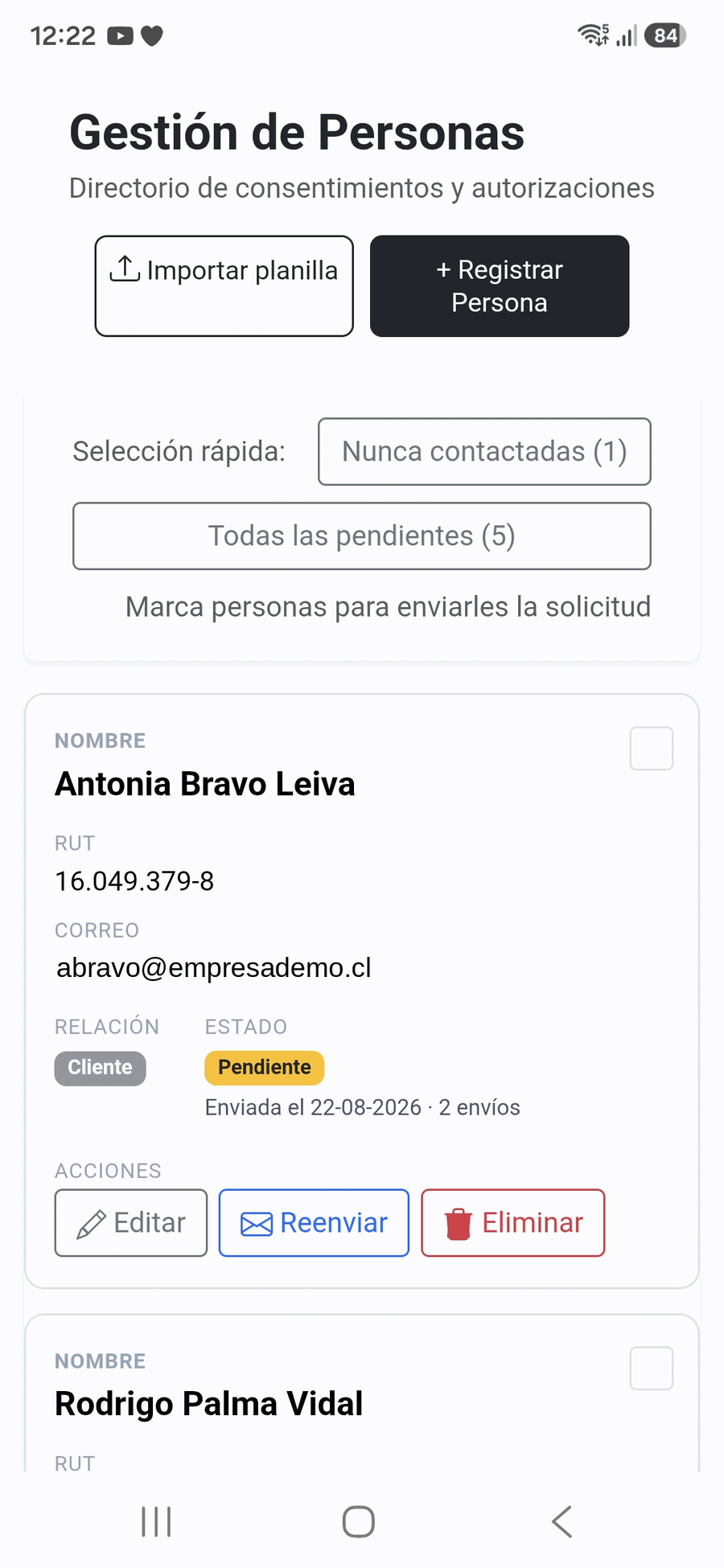 Listado de consentimientos en el teléfono